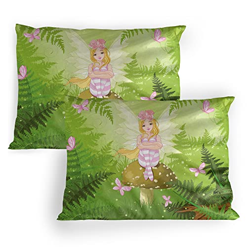 Ambesonne Cartoon Pillow Sham Set of 2, Dreamy Scenario Woods with Wingy Character and Greenery Leaves Butterfly, Quality Microfiber Bedding Item for All Seasons, 26