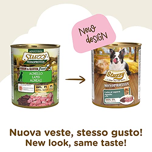 Stuzzy, Nassfutter für ausgewachsene Hunde, Geschmack Lamm, Monoprotein in Pastete, insgesamt 4,8 kg (6 Dosen x 800 g)