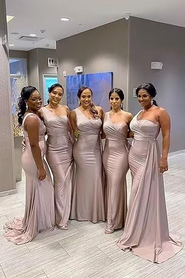 Image of One Shoulder Bridesmaid Dresses for Wedding Long Satin Bodycon Prom Dress Mermaid Formal Evening Gowns