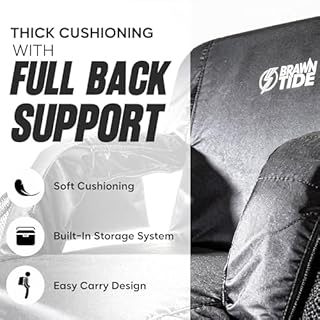 BRAWNTIDE Stadium Seat for Bleachers with Back Support - Wide Padded Reclining Bleacher Seat, Portable Folding Stadium Chair with Armrests, Hooks, Straps, Cup Holders, Pockets (Black, Regular Size)