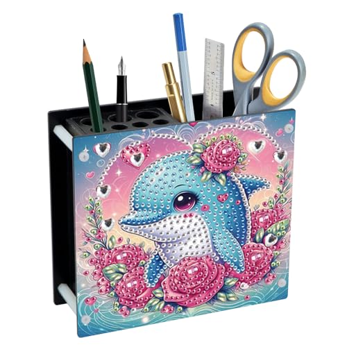 Image of Valentine's Day Dolphin Diamond Painting Pen Holder, DIY 5D Diamond Art Pencil Organizer, Decorative Desk Storage for Home and Office Supplies, Perfect for Storing Pens, Pencils, and Rulers