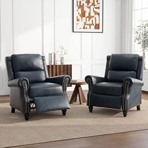 Uixe pushback recliner chairs set of 2 pu leather armchair push back accent chair rivet trim club chair home theater overstuffed single sofa reading seat for living room navy blue  urban country home decor