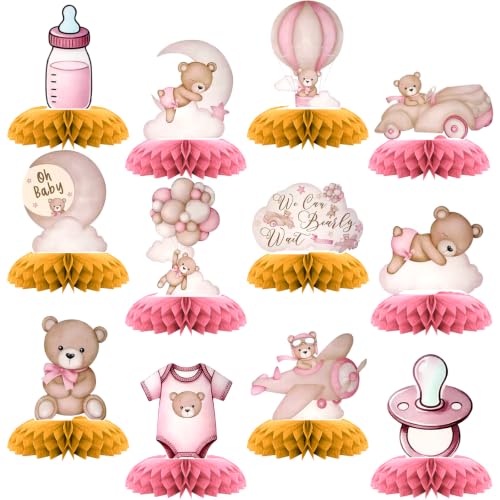 Pink Bear Baby Shower Decorations, KSKSPE 12 PCS Baby Shower 3D Honeycomb Table Centerpieces for Boy&Girl Newborn Party Supplies