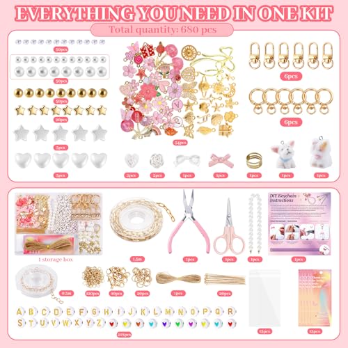 Image of Wurosi 680 Pcs Keychain Making Kits, Pink DIY Bag Charm Kit, 78.74 Inch Chains, Key Chain Hooks, Jump Rings, Lobster Clasps, 225 Charms & Letter, Tools, Great for a Custom Gift, Party, or Family Activ