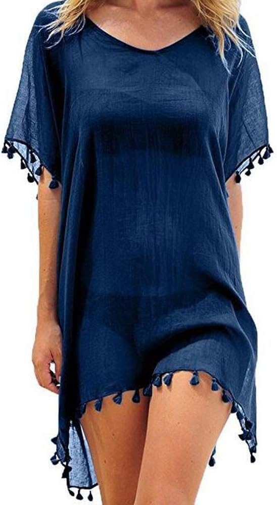 Hanaoops Mujer Suelto Vestido de Playa V Cuello Gasa Ropa de Baño con Borla Verano Traje de Baño Bikini Cover Up para Playa Chic Loose Semitransparente Camisolas y Pareos Vestido