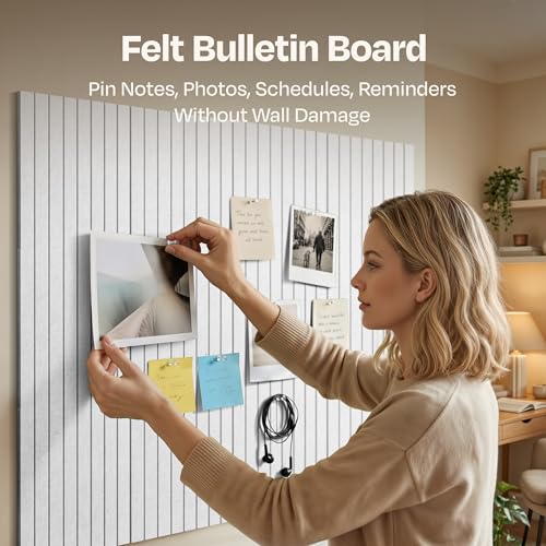 Image of X-Large Cork Board Alternative 12-Pack Felt Bulletin Board Thick and Decorative Pin Board for Home Office Walls 47.24 x 35.43 Inches with 72 Adhesive Tabs - [White]