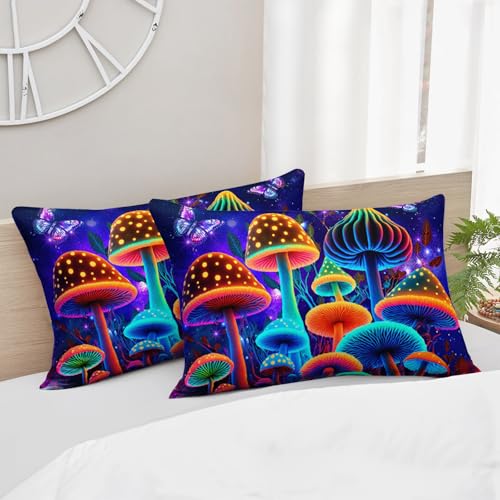 Image of AILONEN Kids Mushroom Bedding Set Queen Size,Starry Night Wild Fungus Duvet Set for Boys Girls,Colorful Mushroom Butterfly Comforter with 2 Pillowcases,3Pcs