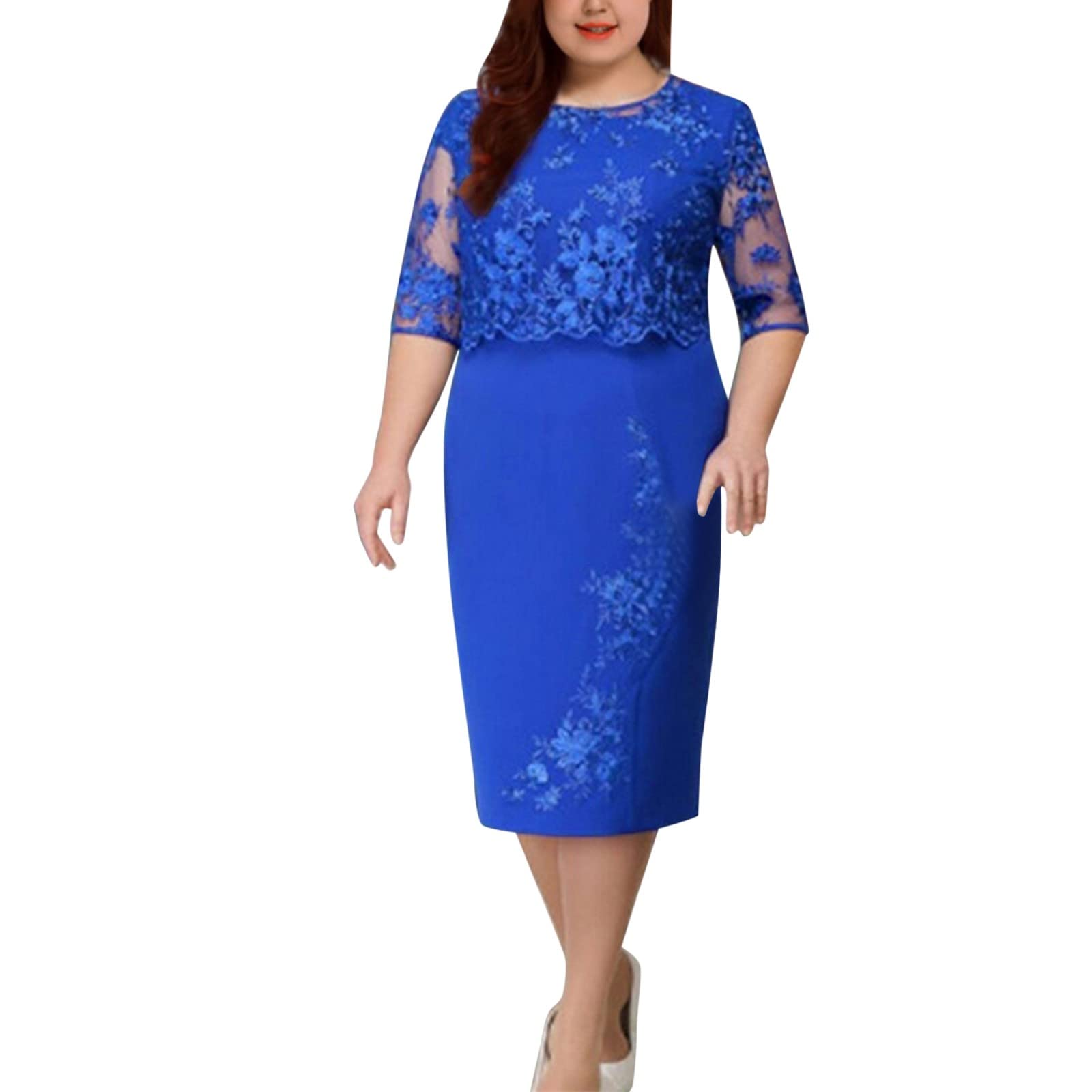 YOGALULU Vestidos De Mujer Media Manga Vestido Formal Elegante de Talla Grande para Mujer, Vestido Midi Corto con Cremallera en la Espalda Vintage, Vestido de Fiesta Floral Vestido Invitada Boda Talla Grande