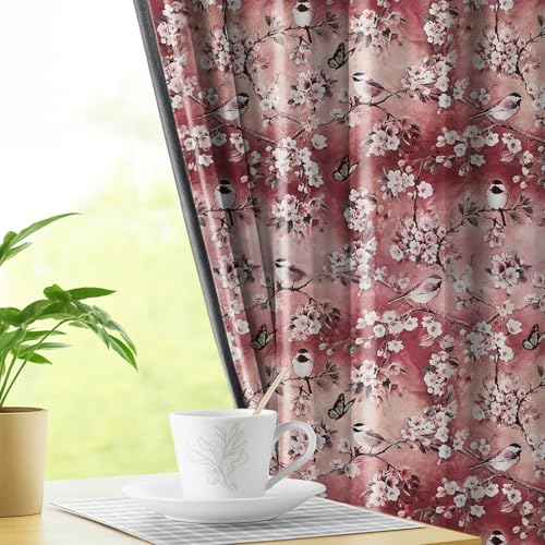 Image of LINENWALAS Printed Blackout Curtains for 9 Feet Long Door | Set of 2 | Charming Bird & Floral Drapes | Thermal Insulated, Room Darkening Panels with Grommet Hanging for Living Room (Peach Blossom)