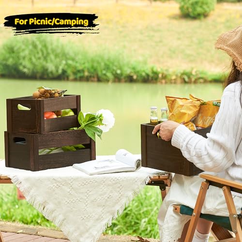 Wooden Crates 3 Pack, Nesting Handmade Wood Crates for Storage, No Installation Wooden Storage Box with Cutout Handle for Display & Decor, Brown - Image 4