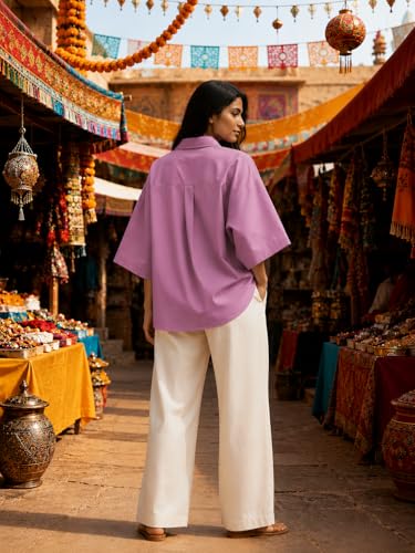 Image of Shirt for Women | Casual Button Down Long Sleeve Blouse | Oversized Striped Loose Fit Cotton Top with Pocket | Trendy Collar Aesthetics & Streetwear Tunics(34-S-1-5)
