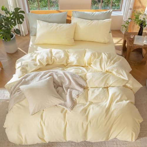 Image of MooMee Duvet Cover Set 100% Washed Cotton Linen Like Queen | Relaxed Linen-like Texture. Soft, Breathable & Long-lasting Comfort. Lightweight. Hidden Zipper with 8 Interior Corner Ties