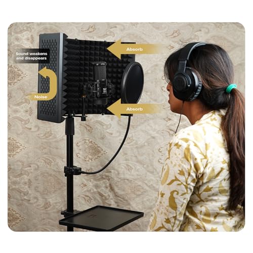Image of Kadence MSTD801 Touring Series Mic Stand with 5-Panel Isolation Shield, Pop Filter & Tripod Base | Adjustable Height & Foldable Design | For Studio, Podcast & Voiceover Use | Black