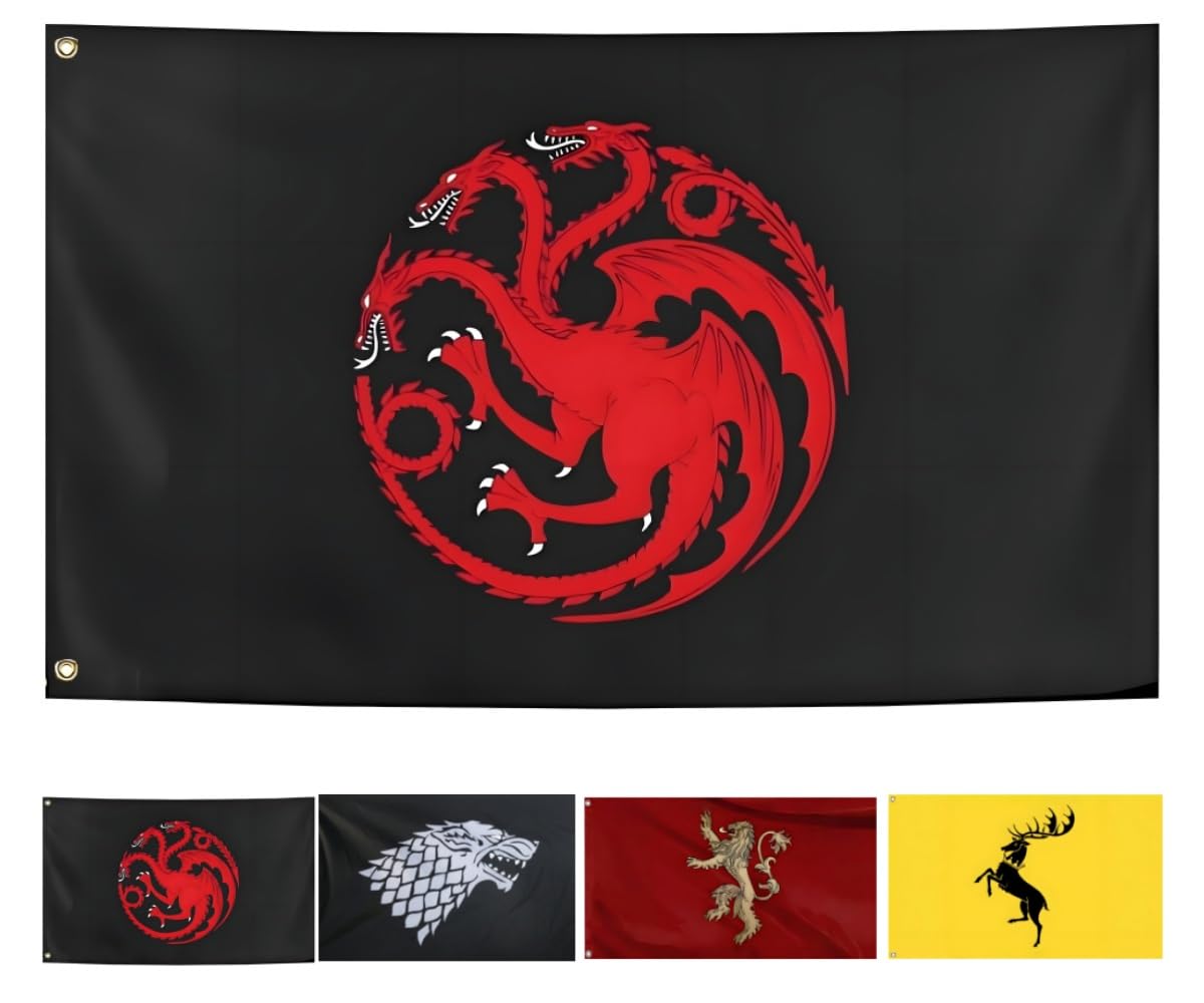 Large 3x5 Ft GoT Flags - House Targaryen,Stark,Lannister,Baratheon Double Sided, Flag Targaryen Banner Cosplay Outdoor Flags Decoration Flag Indoor Home Decor House of Dragons Banner, Yard Garden Flag Party Decoration College Dorm Bedroom Wall Tapestry Decor