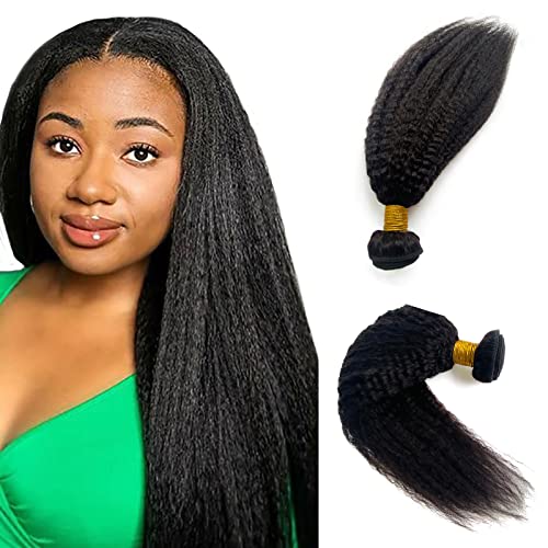 Image of Kinky Straight Hair Bundle 120G 24 Inch Sew in Hair Extensions Real Human Hair Wefts, Kinky Straight Natural Black Hand Tied Wefts Hair Extensions Human Hair Weave Weft Extensions
