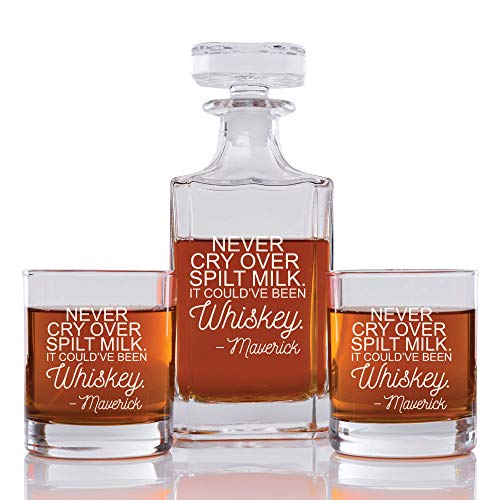 Abby Smith Never Cry Over Spilt Milk It Could Have Been Whiskey Engraved Decanter and Rock Glasses, Set of 3