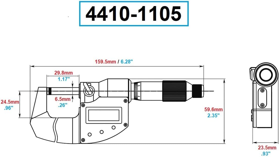 Dimensional drawing of Dasqua Digital Micrometer (Model 4410-1105)