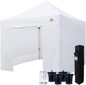 10x10 Pop Up Canopy Tent Commercial Instant Shelter with Heavy Duty Carrying Bag and 4 Removable Side Walls, 4 Canopy Sand Bags White