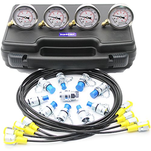 Hydraulic Pressure Gauges Kit - Sinocmp Upgraded Version Excavator Hydraulic Gauge Kit, 10 Couplings, 3 160Cm Long Test Hoses And 4 Pressure Gauges, Lightweight Black Plastic Box 3Kg, 2 Year Warranty #TOP5