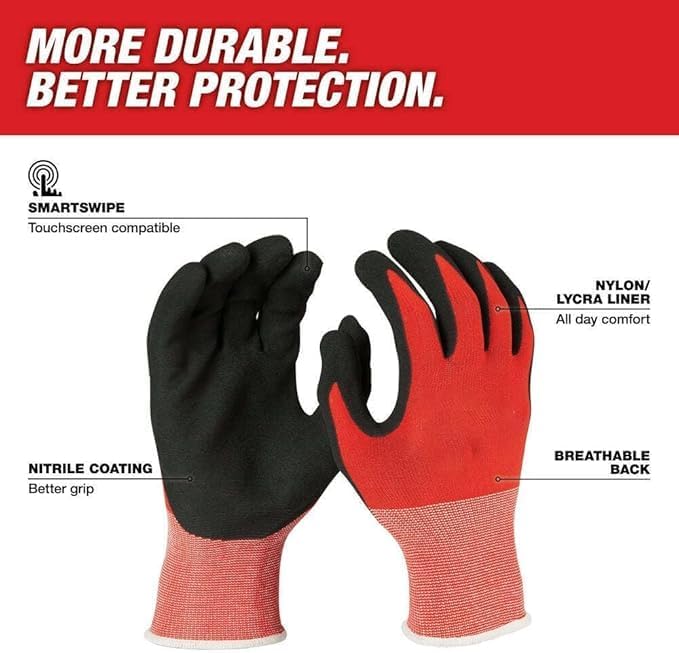 Fits Milwaukee 48-22-8903B 12PK Cut 1 Dipped Gloves XL | ANSI A1 Cut-Resistant Work Gloves, Nitrile Coated, Breathable Knit – 12-Pack for Construction & Industrial Use