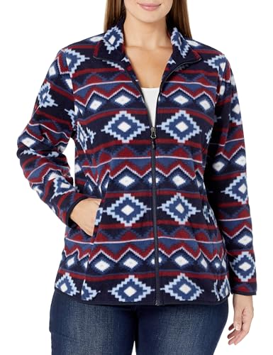 Amazon Essentials Damen Polar-Soft-Fleece-Jacke mit durchgehendem Reißverschluss (erhältlich in Übergröße), Burgunderrot Marineblau Geo-Aufdruck, 1X