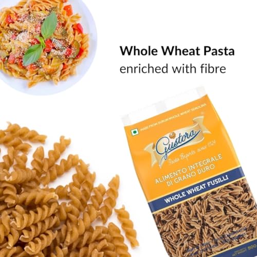 Image of GUSTORA Whole Wheat Fusilli Pasta, 500g I Spiral Pasta Made of Durum Wheat Semolina I Rich in Protein & Fibre I Zero cholesterol I Vegetarian I No Trans-Fat I Cooking Time 10 Min (500g)