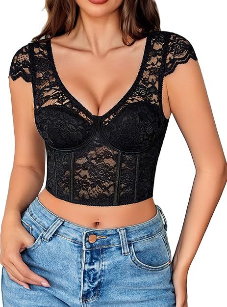 Avidlove Corset Tops for Women Floral Lace Bustier Cap Sleeve Crop Top V Neck Y2K Clothes Sexy Going Out Outfit with Buckle