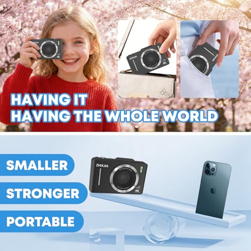 Image of Digital Camera, Autofocus 4K Point and Shoot Digital Cameras with 16X Zoom Anti Shake, 48 MP Cameras for Photography with 64GB Card, Compact Portable Small Camera for Kids Girls Boys Beginners, Black