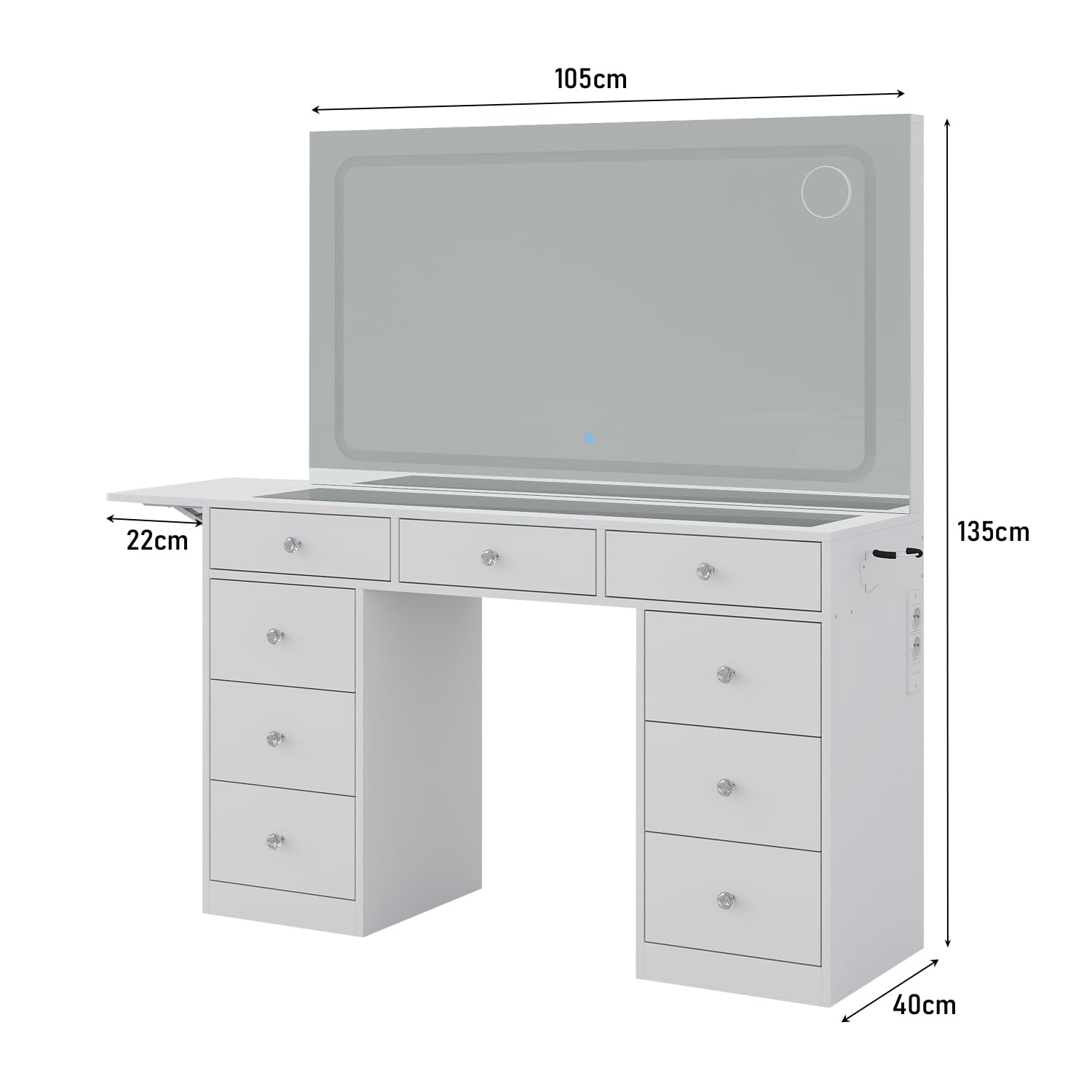 Yanosaku Tocador de Maquillaje con Espejo LED y Taburete, 9 Cajones, Mesa de Cristal y Tomas de Corriente, 3 Modos de Luz Regulables, Panel Plegable, Tocador Moderno Blanco para Dormitorio