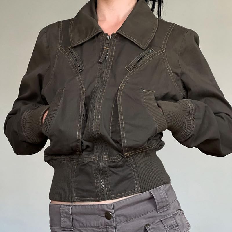 Women's casual crop top jacket zipper retro lightweight lapel jacket zipper waist cinching short jacket