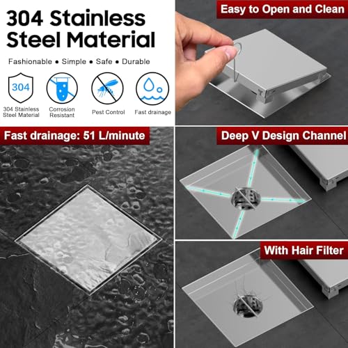 Image of DLONE Shower Drain | 6 Inch Brushed Nickel with Tile Insert Panel