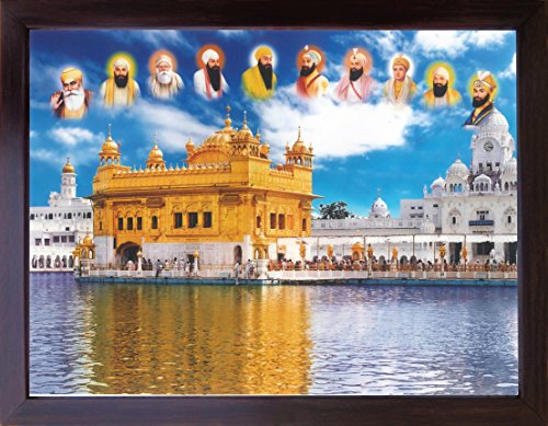 All ten Sikh guru giving blessing from sky to Golden Temple in Amritsar, A rare poster painting of Ten Sikh guru with Golden Temple, Sikh religious poster with framing for gurudwara religious purpos