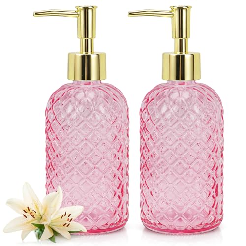 Image of Soap Dispenser - 2 Pack, Clear Glass Refillable Hand Soap Dispensers, Hand and Dish Soap Dispenser, Soap Bottles with Gold Pump, Lotion Dispensers for Kitchen, Bathroom 400ml/14oz (2PCS/Clear Pink)