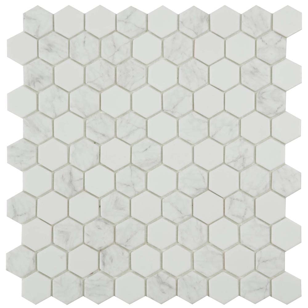 Mosaic Tile Sheet | Hexagon Style Mosaic Tile | 307 x 317 | Bathroom Kitchen Splashback Wall | Scale Marble White