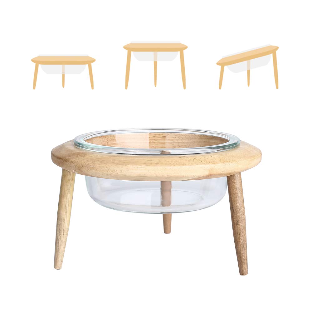 Vidrio Comedero Elevado Perro y Comedero Regulable Gato - 800 ml - En un Elegante Soporte de bambú - (3 métodos de instalación para Diferentes Alturas)