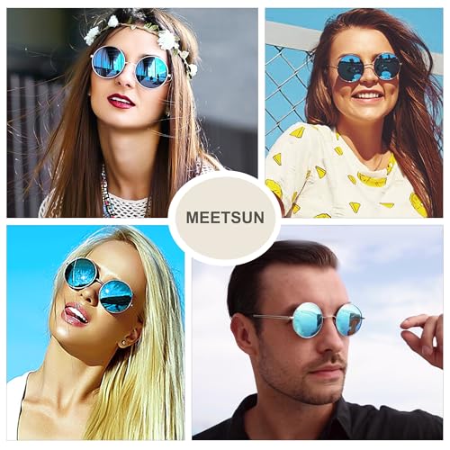 Image of MEETSUN Small Round Polarized Sunglasses for Men Women UV400 Metal Frame | Retro hippie circle sun glasses, for driving costume, party accessories, lightweight, stress-free fit, spring hinges
