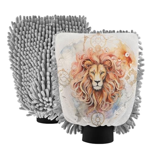 ALAZA King of Lion Car Wash Mitt Scratch Free, 2 Pack Absorbent Microfiber/Chenille Washing & Drying Mitts, L