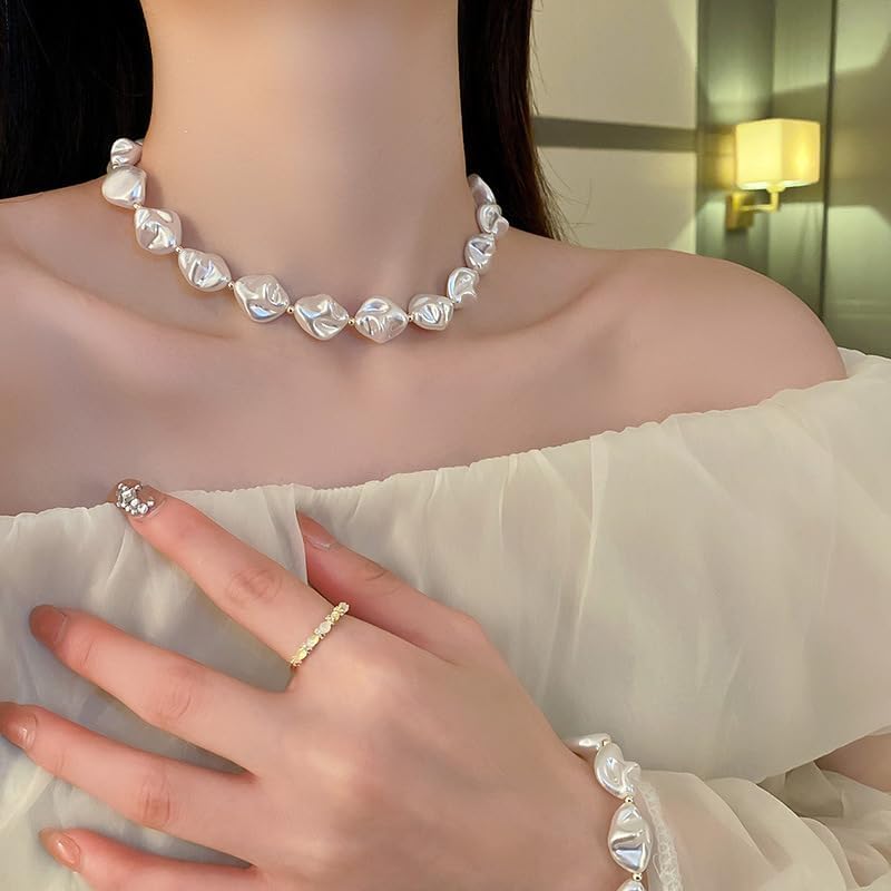 Baroque Pearl Necklace for Women Chunky Pearl Charm Necklaces Dainty Irregular Pearl Choker Necklaces White Pearl Beaded Necklace Prom Wedding Bridal Bridesmaid Jewelry (Baroque B) - Image 4