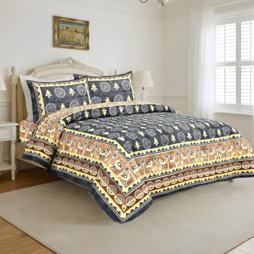 Image of Bedsheet for Double Bed King Size with 2 Pillow Covers | 240 TC 100% Cotton Rajasthani Sanganeri Jaipuri Printed Bed Sheet -108 * 108 Inches (Charcoal Boota)