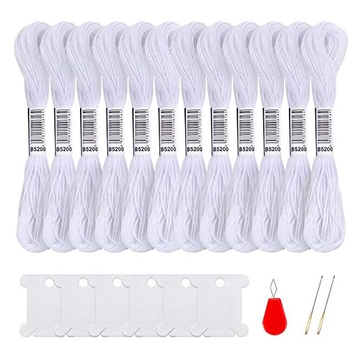 Pllieay 12 madejas de hilo de bordar blanco, hilo de bordar de algodón Pulseras de la amistad hilo de seda con 6 bobinas de hilo, 2 agujas de bordar y 1 enhebrador de agujas