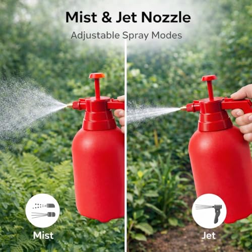 Image of MIKANIX Manual Pressure Spray Bottle for Gardening & Cleaning | Hand Pump Water Sprayer with Adjustable Nozzle | Multipurpose Plant Mister for Indoor & Outdoor (2L, RED)