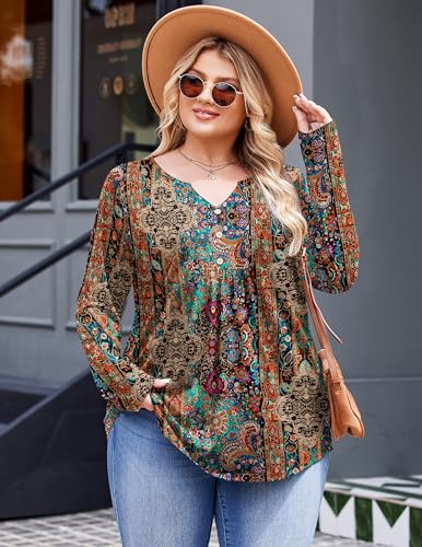 IN'VOLAND Womens Plus Size Long Sleeve Shirts Fall Tunic Top V-neck T-Shirt Button Up Dressy Casual Blouse 1X-5X2