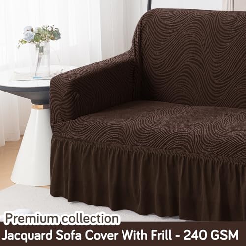 Image of HOKIPO 2 Seater Sofa Cover with Frill - 240 GSM Premium Jacquard Stretchable Fully Covered Slipcover, 'Serene Wave Series' Dark Chocolate (AR-6353-DCHOC)