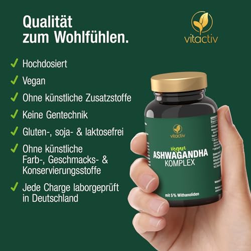 VITACTIV Ashwagandha Komplex - 90 Kapseln (3 Monate) - Indische Schlaf Beere, Hochdosiert mit 2040mg pro Tagesdosis, 5% Withanolide - Plus Vitamin B1 - Vegan, Laborgeprüft in Deutschland – Bild 6