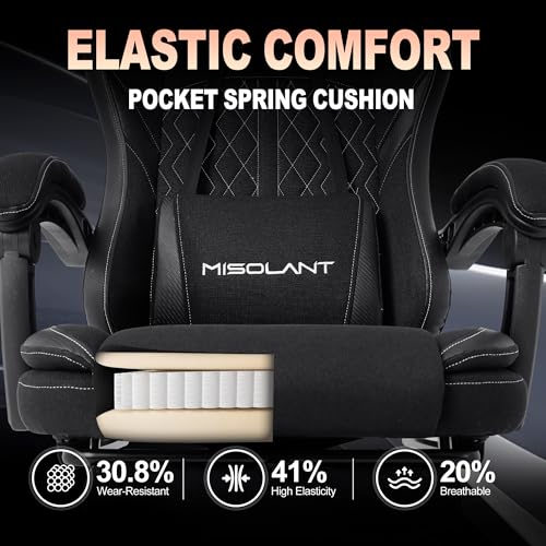 Image of Misolant Gaming Chair, Fabric Gamer Chair with footrest for Adults, High Back Ergonomic Computer Game Chair with Adjustable Headrest and Massage Lumbar Support, 90-155 Recline Free,Black