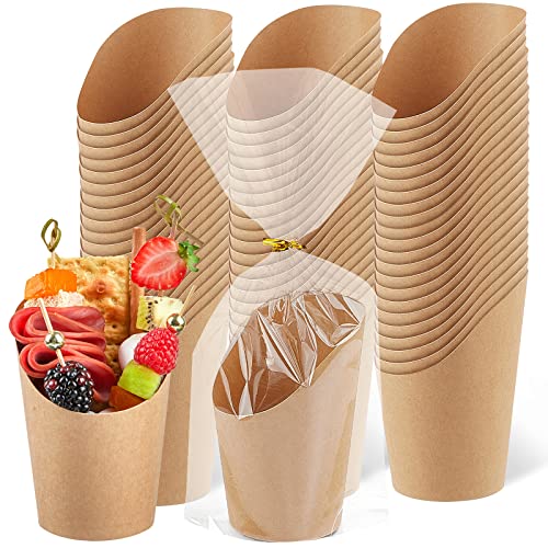 Ocmoiy 50 Stück Pommes Frites-Halter, Einweg-Tassen mit OPP-Tüten und Bändern, Kraftpapier-Lebensmittelbehälter für Waffeln, Chips, Popcorn oder Party-Leckereien, Lebensmitteltüten Cover