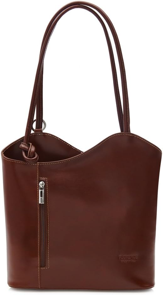Womens Leather Hand Made Shoulder or BackPack Handbag - Made in Italy Leather Smooth Finish (Medium Tan - Brown Trim)