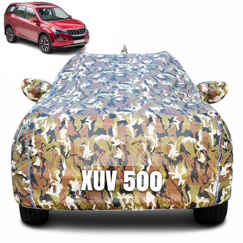 Image of 100% Waterproof Car Body Cover for Mahindra XUV 500 (2011-2021) with Mirror Pocket (Heat & UV Resistant, Triple Stitched, Soft Lining, Bottom Elastic & Piping) Camouflage, Military Print