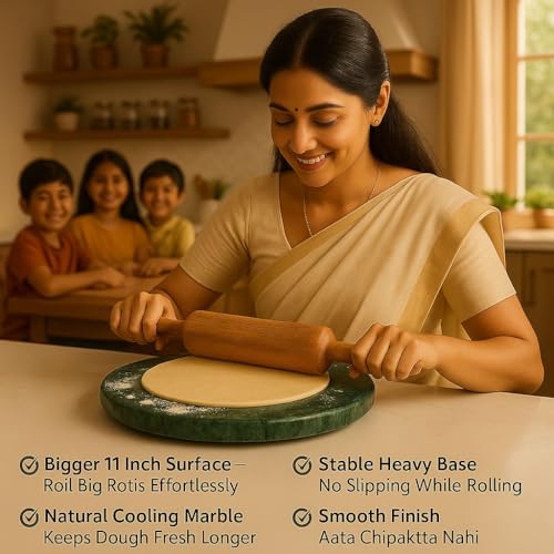Image of 11 Inch Green Marble Chakla | Large Size Marble Roti Rolling Board | Premium Stone Chakla for Roti, Chapati, Phulka & Paratha Making | Smooth Finish Heavy Duty Dough Rolling Board for Home Kitchen