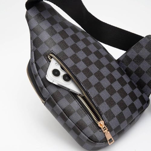 Designer Checkered Sling Bag with Gold Zippers, Grey and Black Pattern, Crossbody Strap3